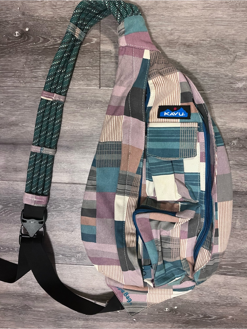Kavu Patchwork Multicolor Sling Bag — Teal, Mauve & Cream